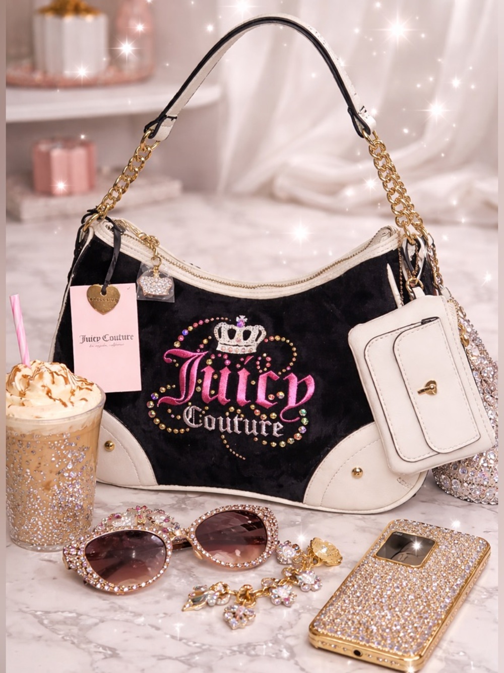 Juicy Couture Black Velvet Dreamy Juicy Shoulder Bag Y2K Viral purse